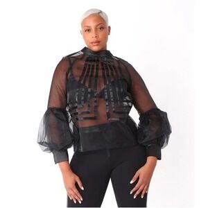For Her Black Geometric Sheer Organza Puff Sleeve Blouse Satin Mock Neck L